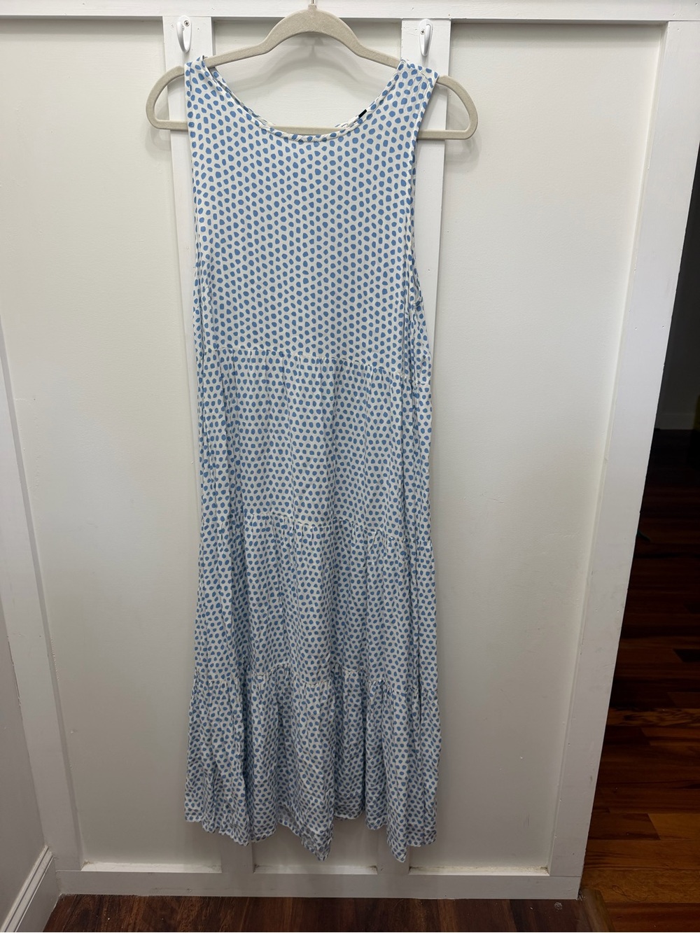 Sleeveless White Maxi Dress with Light Blue Print